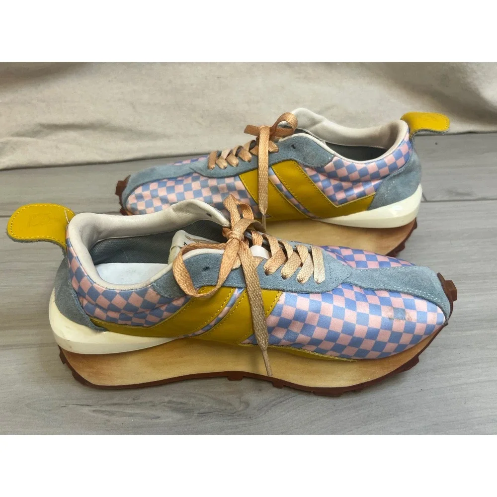 Lanvin Bumper Sneakers Pink Blue Checkered Suede Sz 40 Luxury Retro Trainers